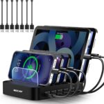 MSTJRY Charging Station for Multiple Devices : 5 Port Multi USB-A Charger Stations Multi-Device Organizer Charging Dock Designed for iPhone iPad Cell Phone Tablets (7 Short Cables Included), Black