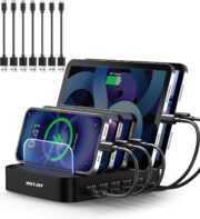 MSTJRY Charging Station for Multiple Devices : 5 Port Multi USB-A Charger Stations Multi-Device Organizer Charging Dock Designed for iPhone iPad Cell Phone Tablets (7 Short Cables Included), Black